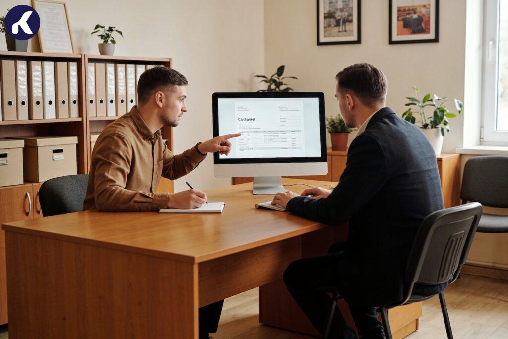 Менеджер переглядає картку клієнта у CRM з історією звернень і нотатками після дзвінка